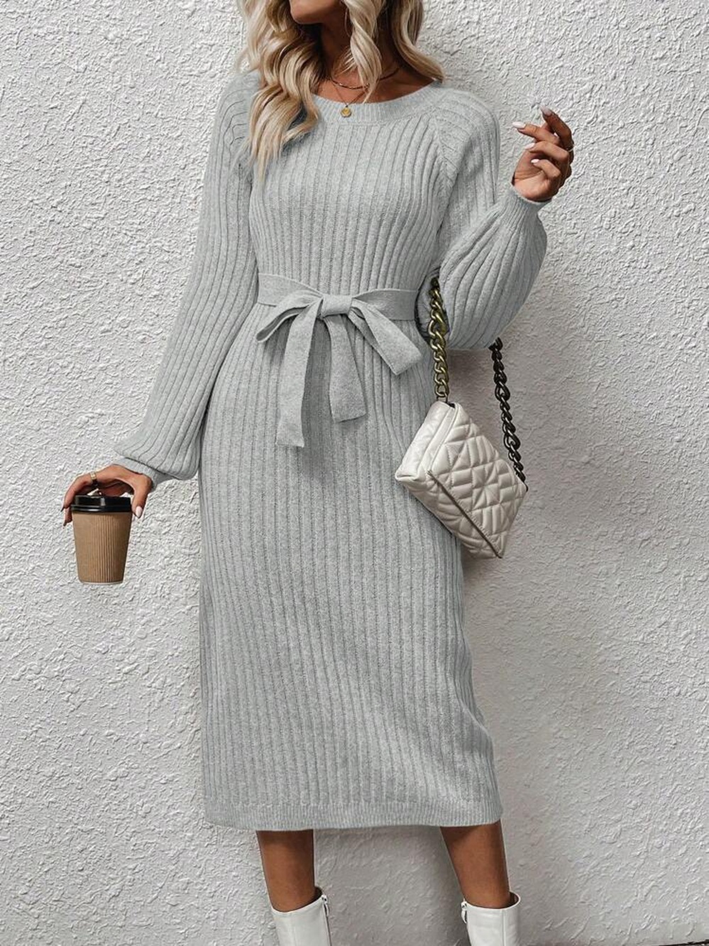 Women's Turtleneck Long Sleeve Stretchable Knite Sweater Dress - Belt Included